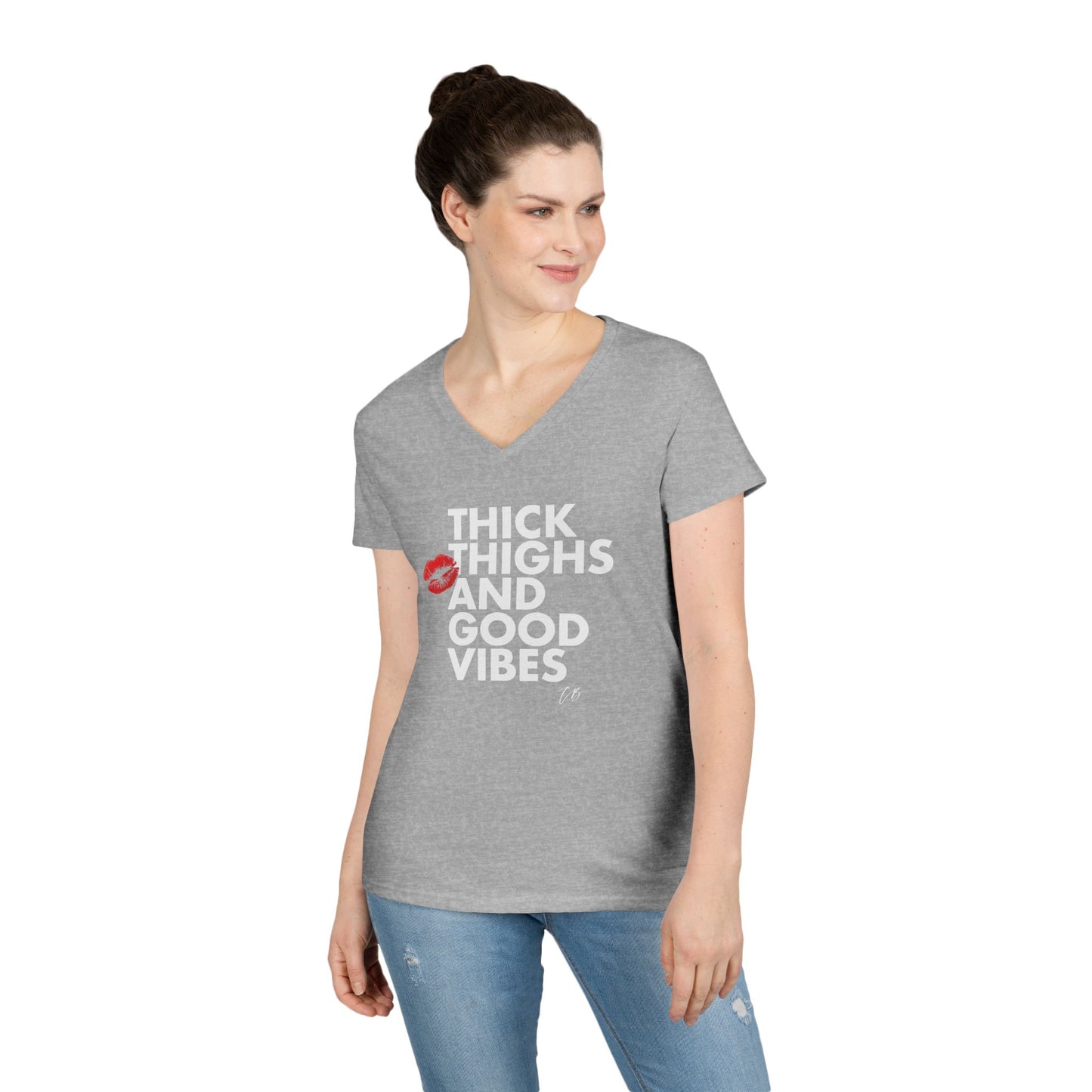 "Thick Thighs and Good Vibes" Women's WHITE TEXT Graphic Shirt