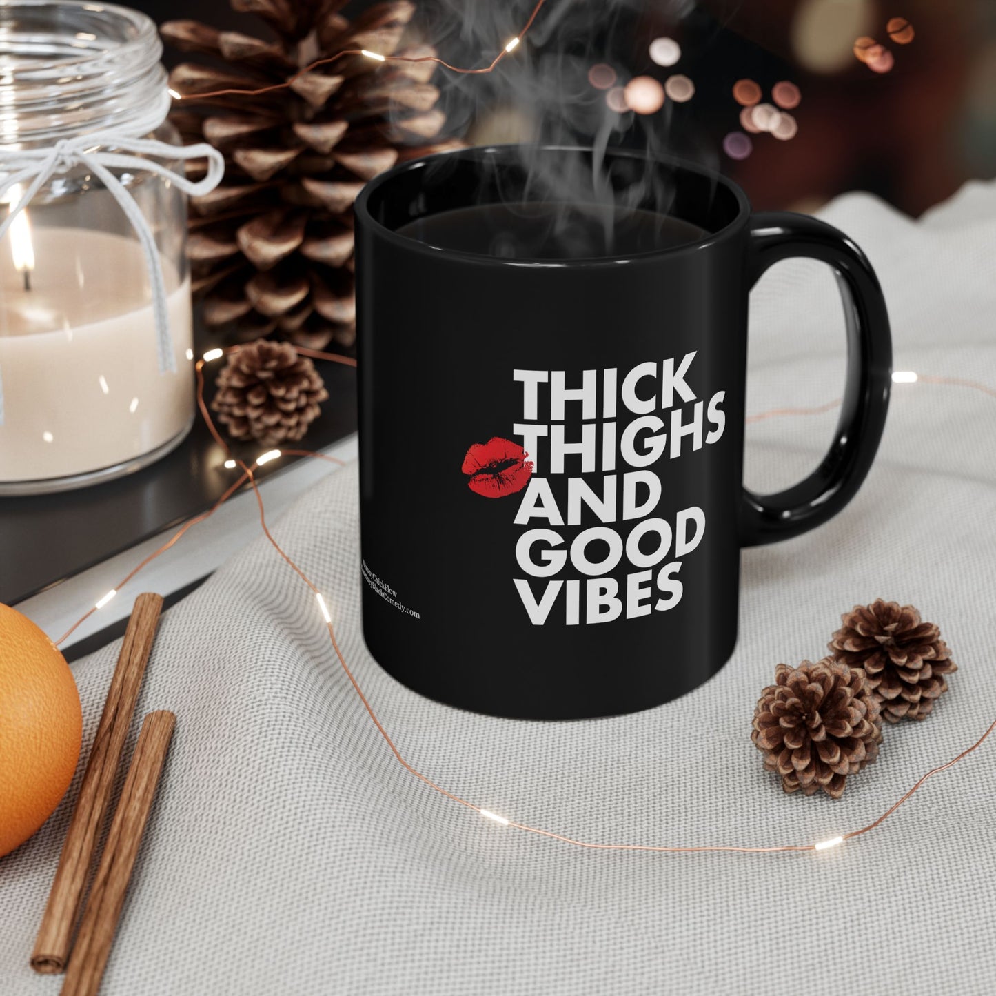 "Thick Thighs and Good Vibes" Black Ceramic Coffee Mug (11oz/15oz)