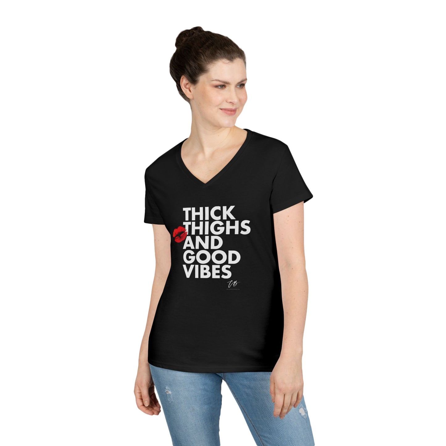"Thick Thighs and Good Vibes" Women's WHITE TEXT Graphic Shirt