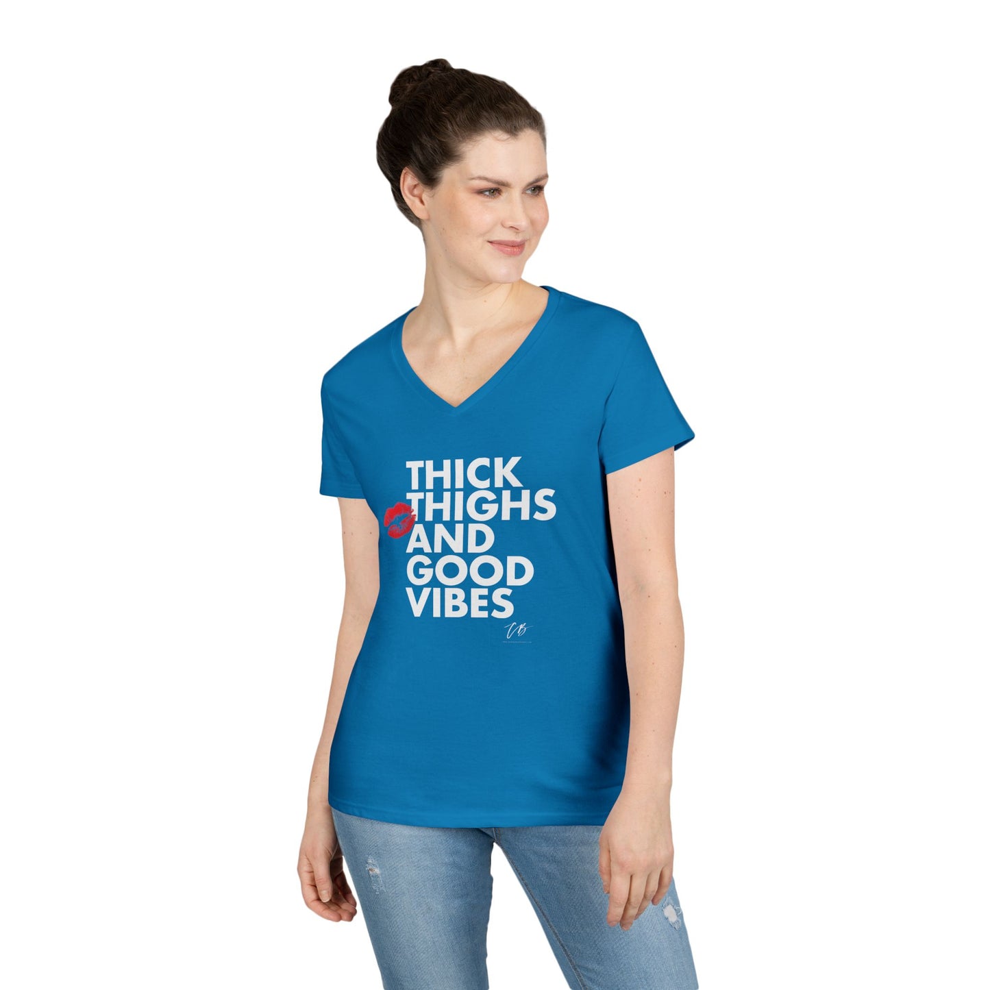 "Thick Thighs and Good Vibes" Women's WHITE TEXT Graphic Shirt