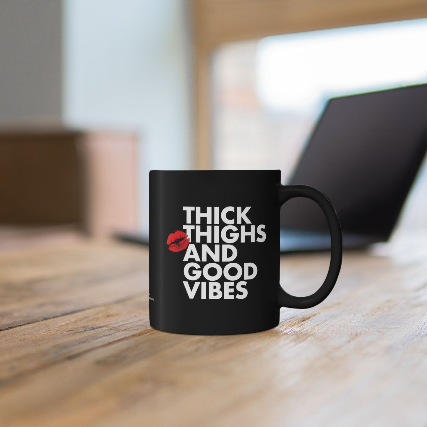 "Thick Thighs and Good Vibes" Black Ceramic Coffee Mug (11oz/15oz)