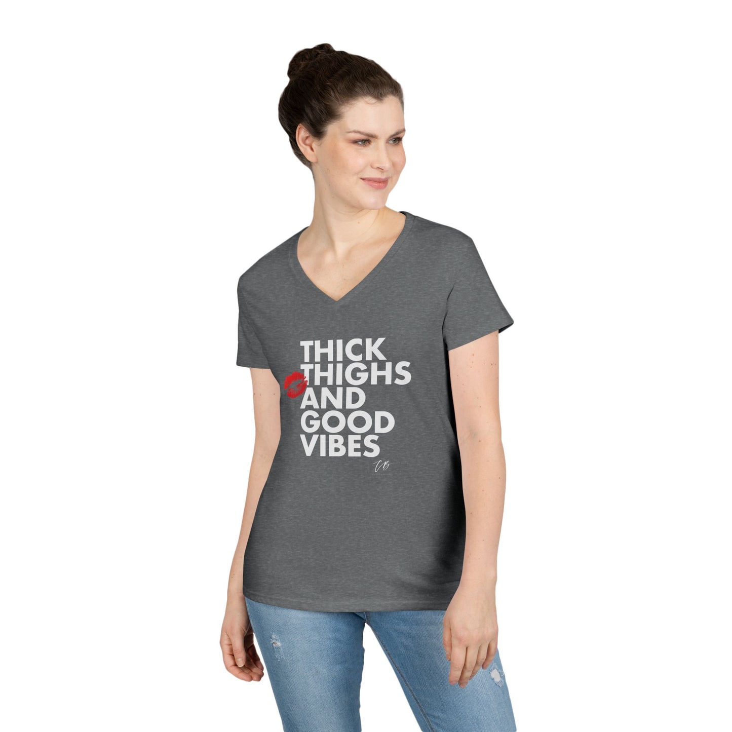 "Thick Thighs and Good Vibes" Women's WHITE TEXT Graphic Shirt