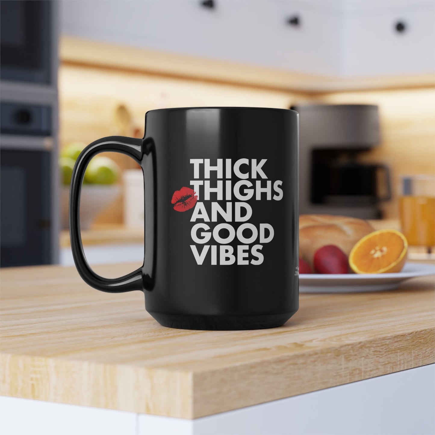 "Thick Thighs and Good Vibes" Black Ceramic Coffee Mug (11oz/15oz)